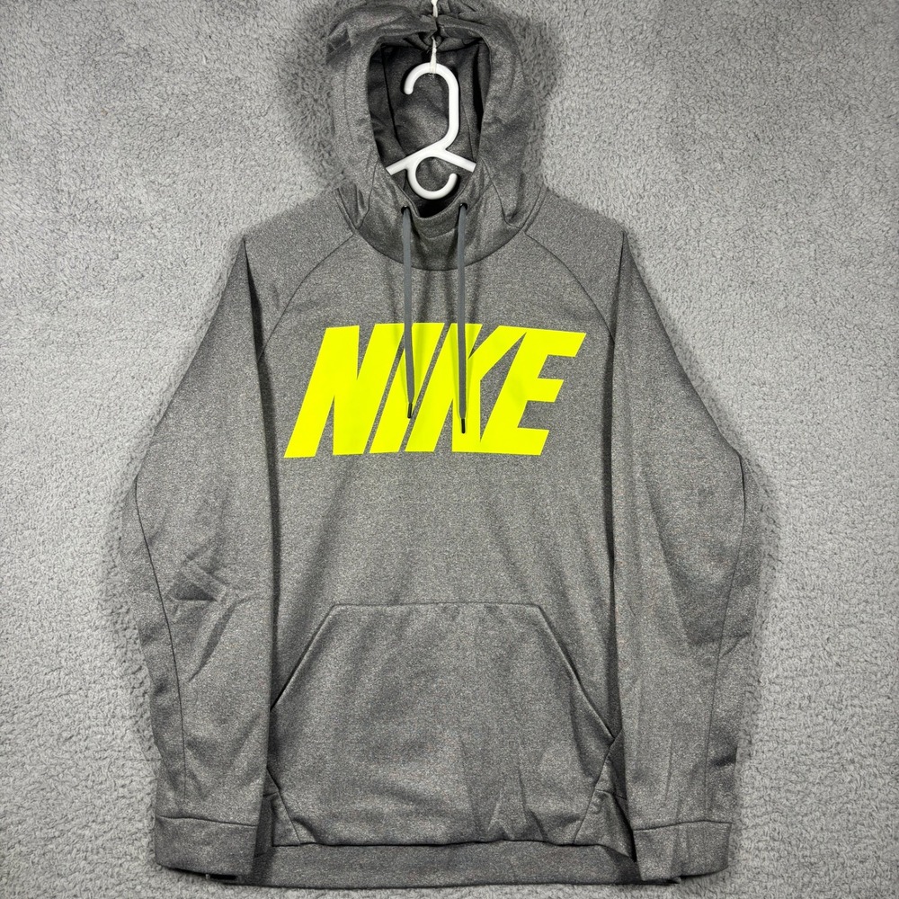 Nike Hoodie Men Large Gray Therma-FIT Pullover Neon Logo Athletic Raglan 1949